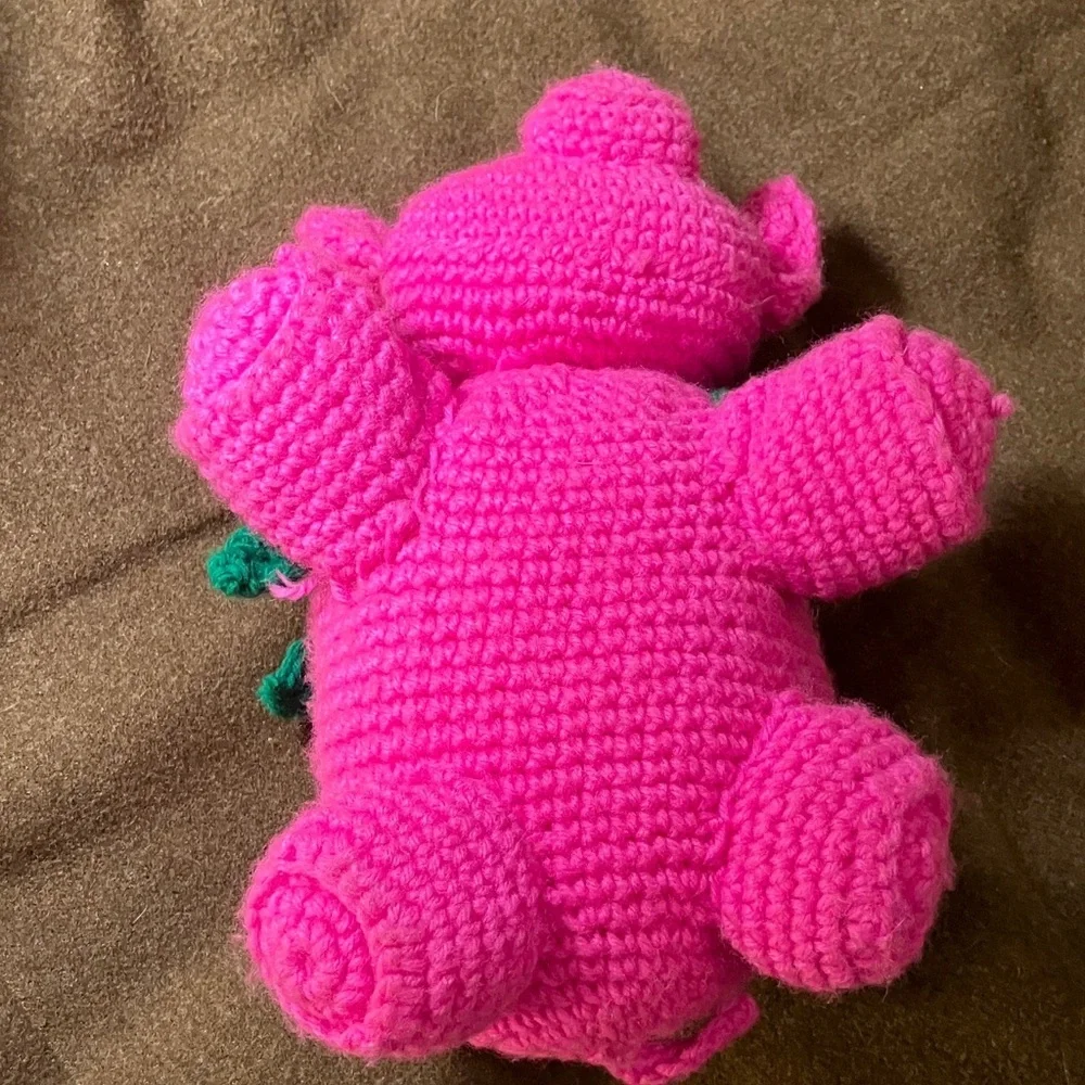 Hand knit bubblegum Pink pig with google eyes